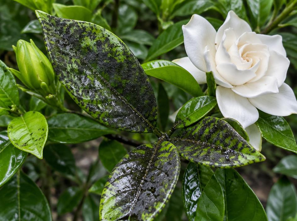 Fotografía real de Fumagina de la gardenia