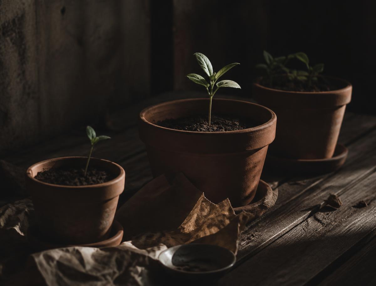 Plántulas en macetas de terracota sobre una terraza de madera