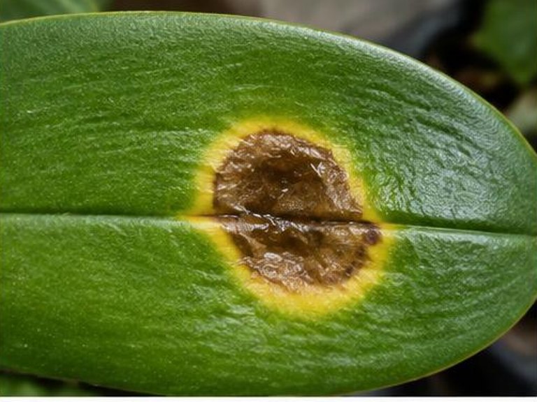 Fotografía real de Mancha bacteriana de la orquídea (Acidovorax)