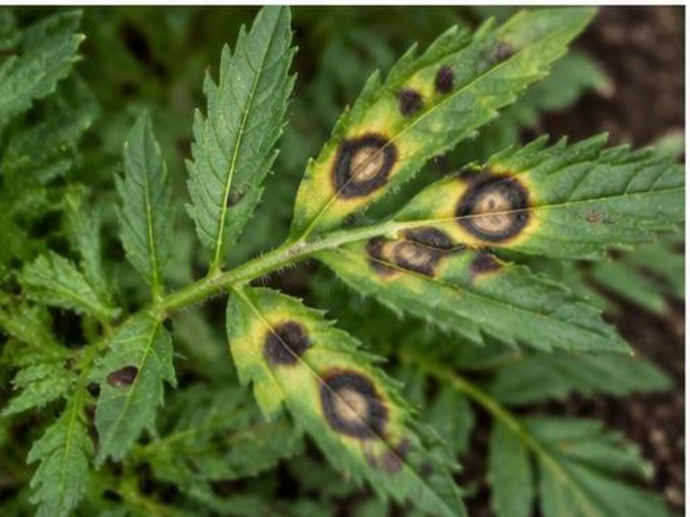 Fotografía real de Mancha foliar del cempasúchil (Alternaria)