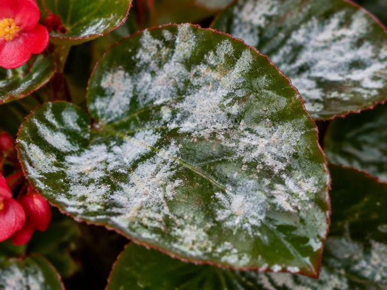 Fotografía real de Oídio de la begonia