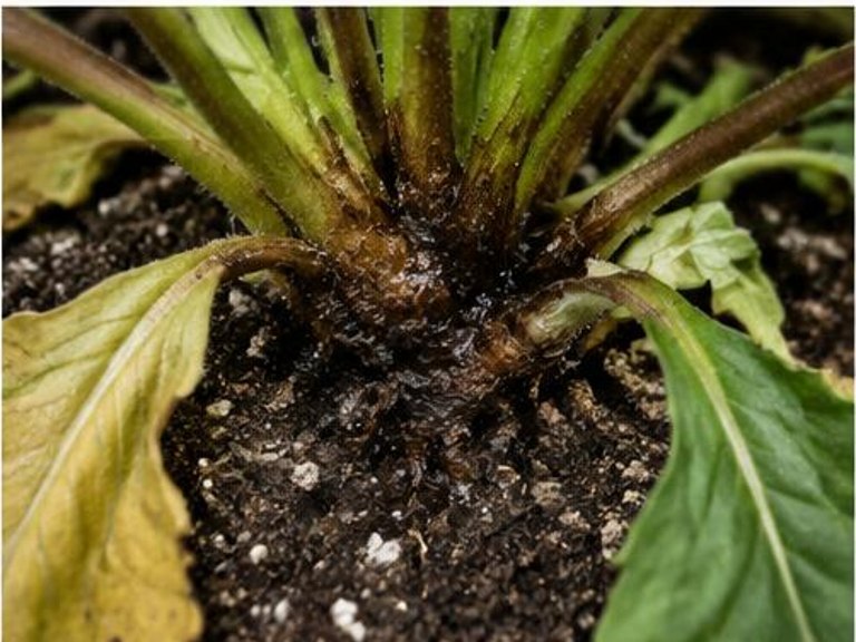 Fotografía real de Pudrición de la corona de la gerbera (Phytophthora)