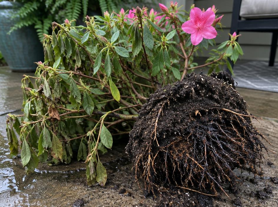 Fotografía real de Pudrición de raíz de la azalea (Phytophthora)