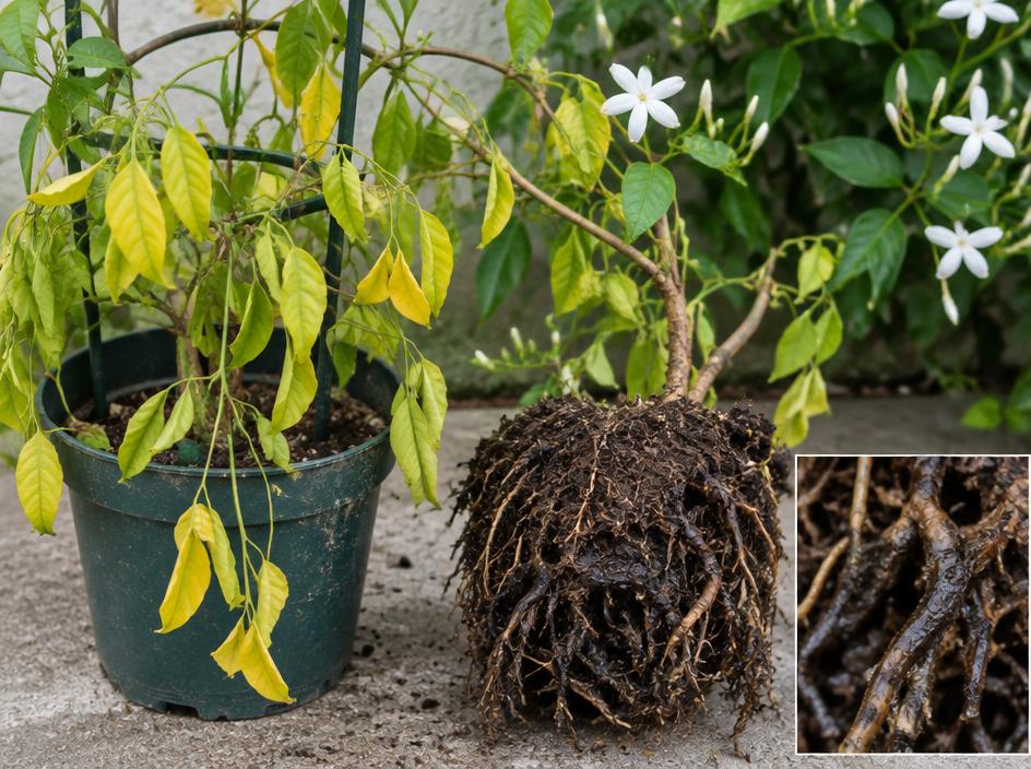 Fotografía real de Pudrición de raíz del jazmín (Phytophthora)