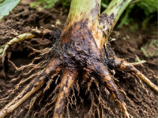 Fotografía real de Pudrición de raíz y base (Phytophthora)