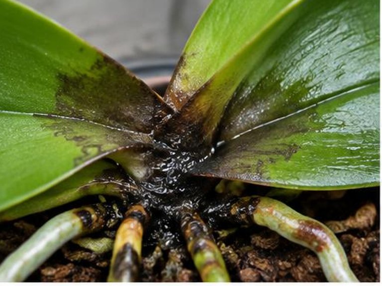 Fotografía real de Pudrición negra de la orquídea (Phytophthora y Pythium)