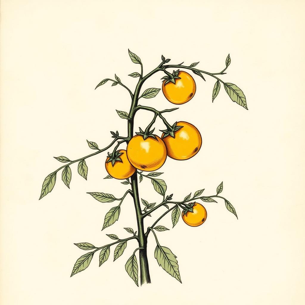 Ilustración botánica de Tomate Cherry Amarillo