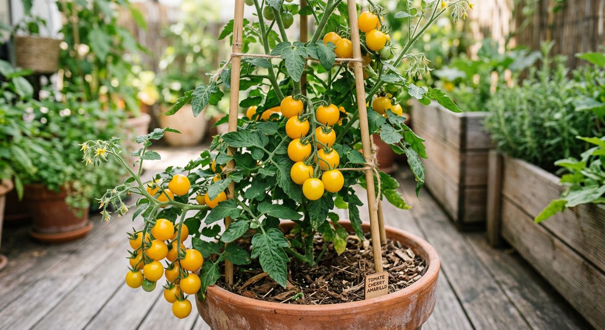 Ilustración botánica de Tomate Cherry Amarillo